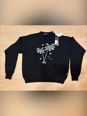 NWT Palm Angels Black Crewneck Sweater with Metallic Palm Motif